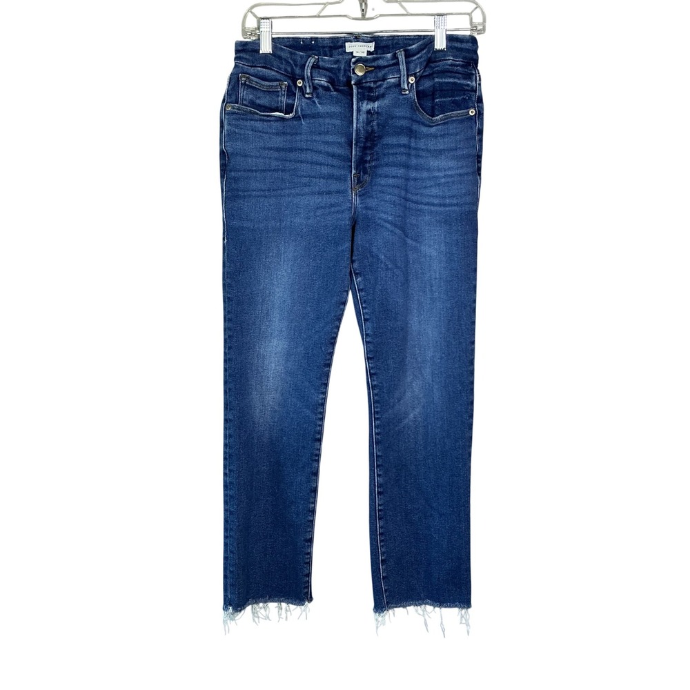 Good American High Rise Straight Leg Raw Hem Jeans Blue Size 14/32
